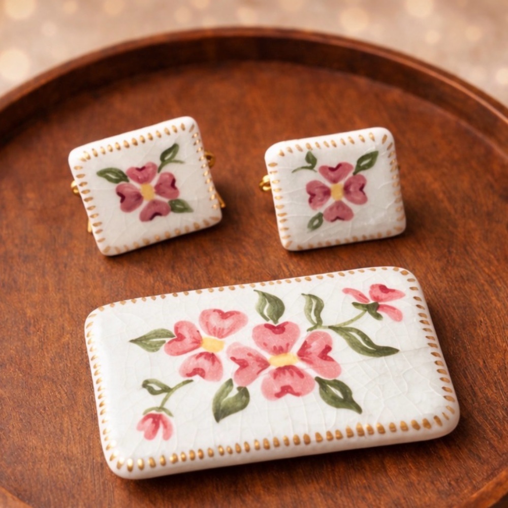 Vintage Hand Painted Porcelain Ceramic Floral Brooch & Cufflink Set Pink Green